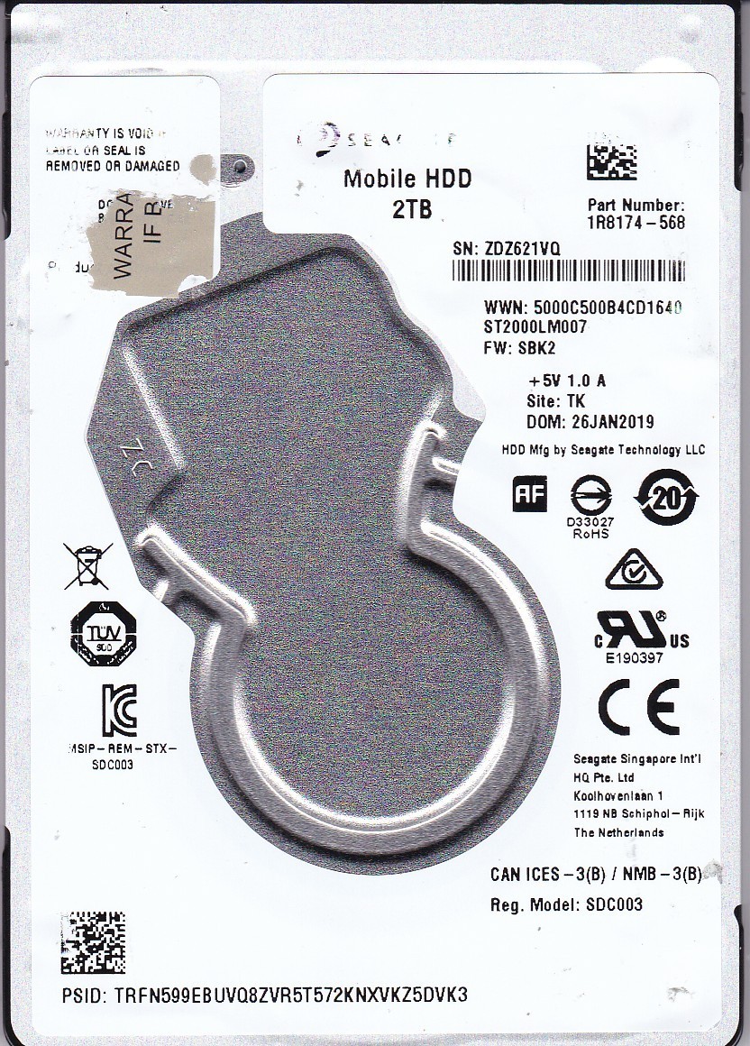 ST2000LM007 p/n: 1R8174-568 s/n: ZDZ6 f/w: SBK2 TK JAN/2019 2TB SATA 2.5 SEAGATE
