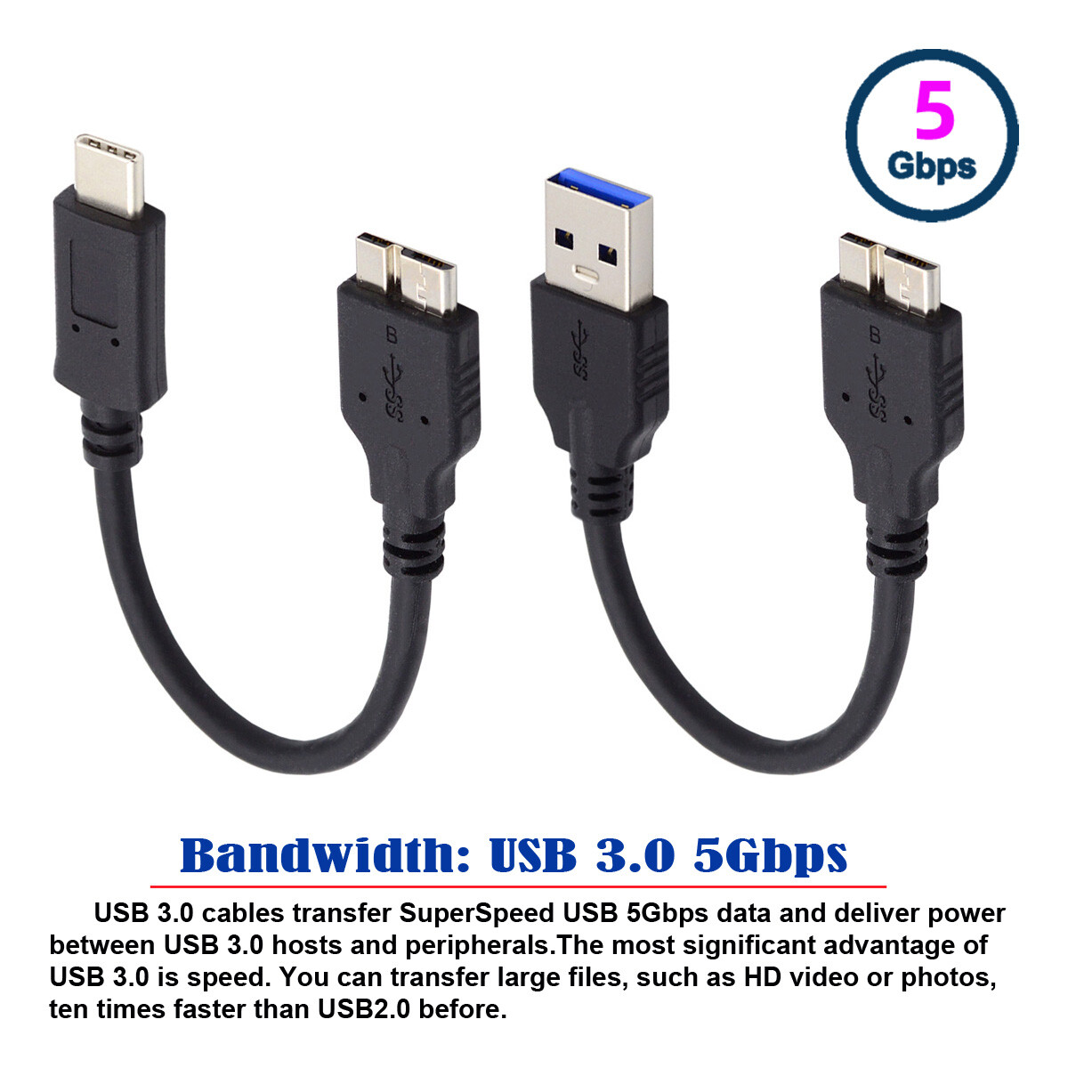 CY 2pcs/set USB-C to Micro 3.0 and USB 3.0 Type-A Male to Micro 3.0 B Male Disk