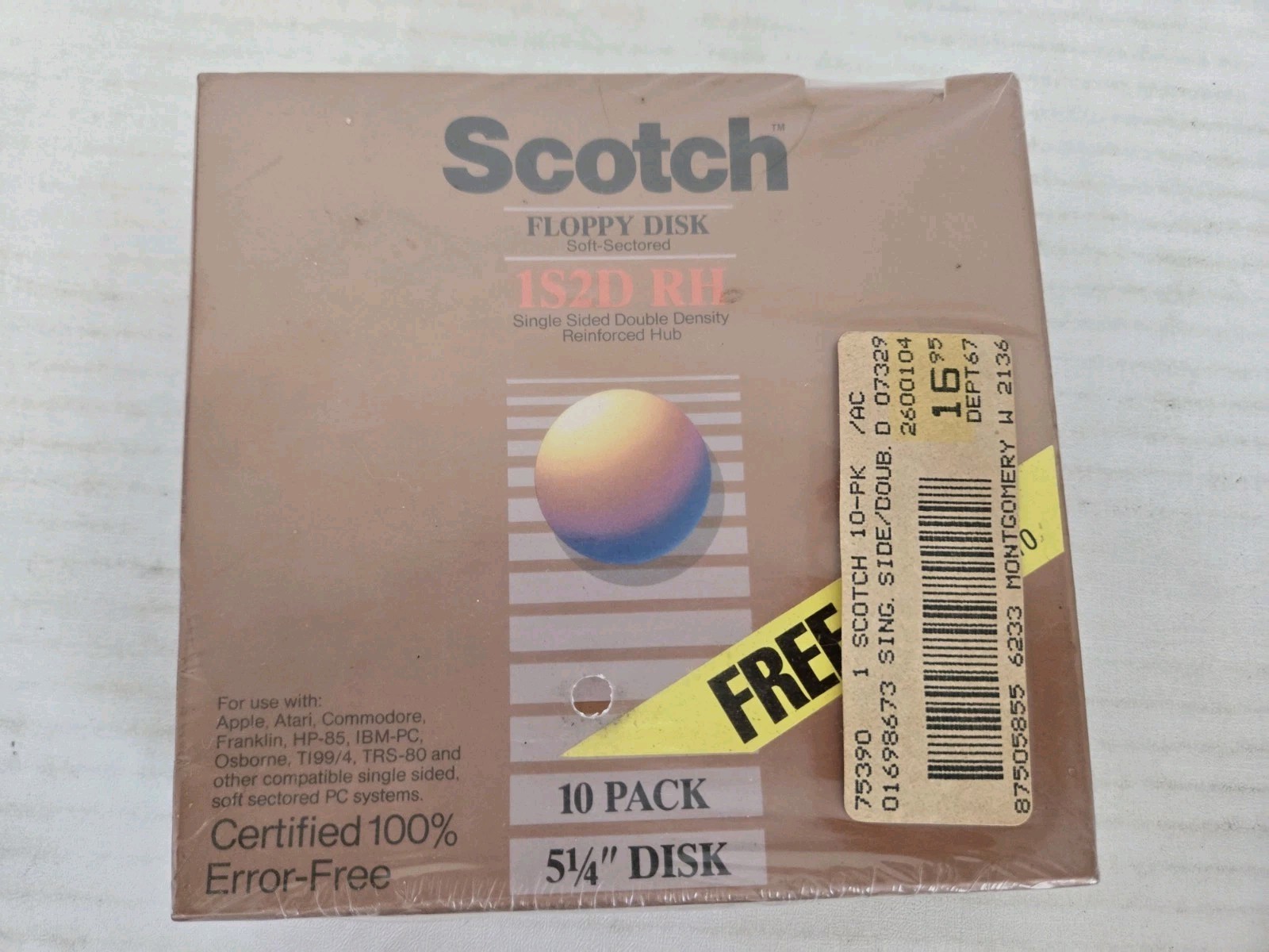 Vintage 1986 NOS Scotch Floppy Disk 10 Pack Box 1S2D RH 5 1/4" 