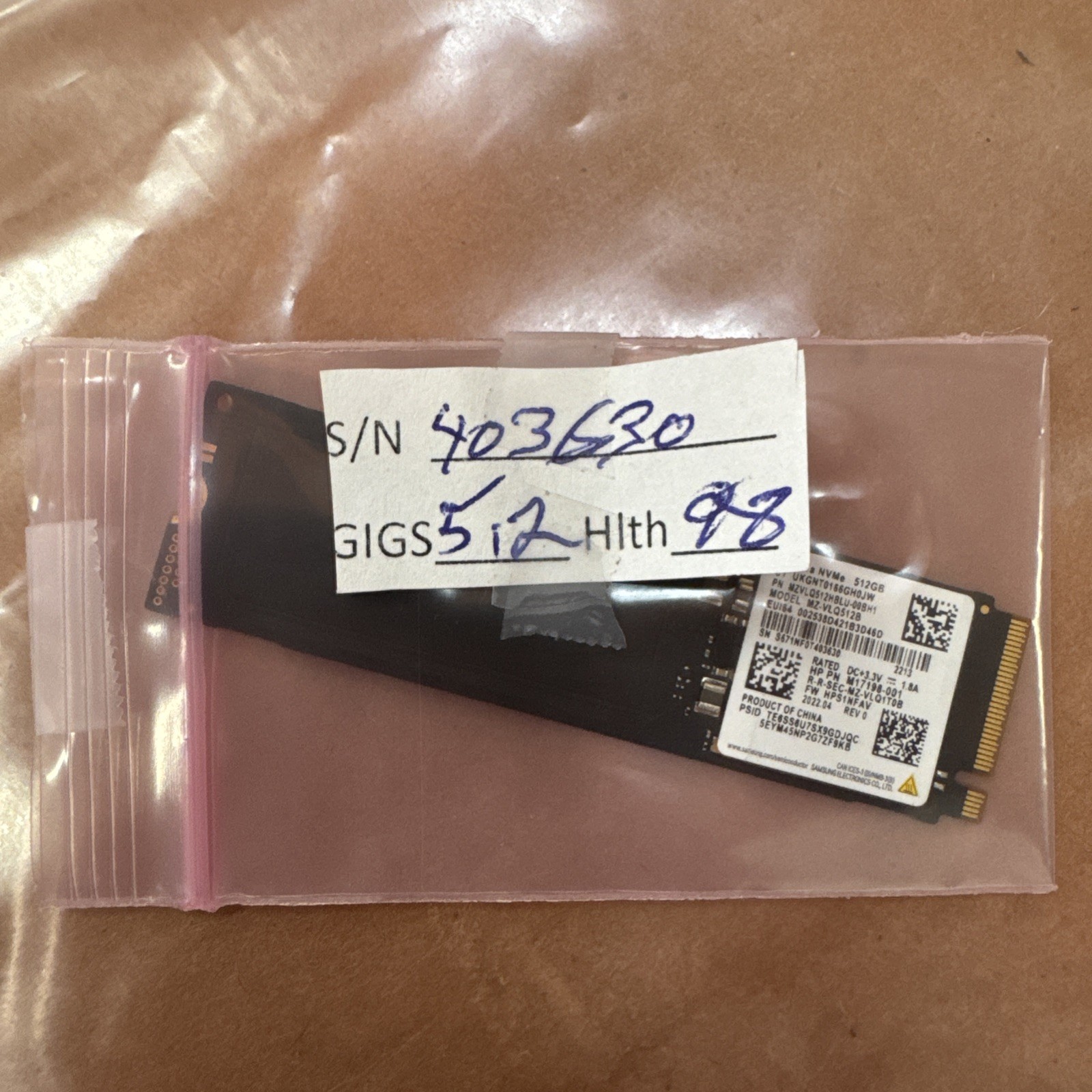 Samsung PM991a 512GB M.2 2280 NVMe PCIe 3.0 Internal SSD MZ-VLQ512B - 98% Health