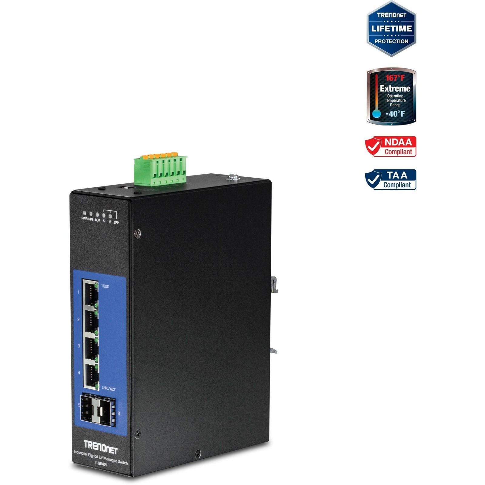 TRENDnet TI-G642i 6-Port Industrial Gigabit L2 Managed DIN-Rail Switch