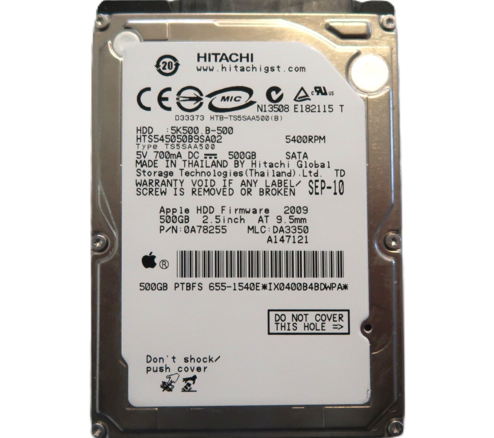 Hitachi HTS545050B9SA02 0A78255 DA3350 (IX0) SEP-10 Thailand 500gb 2.5" Sata