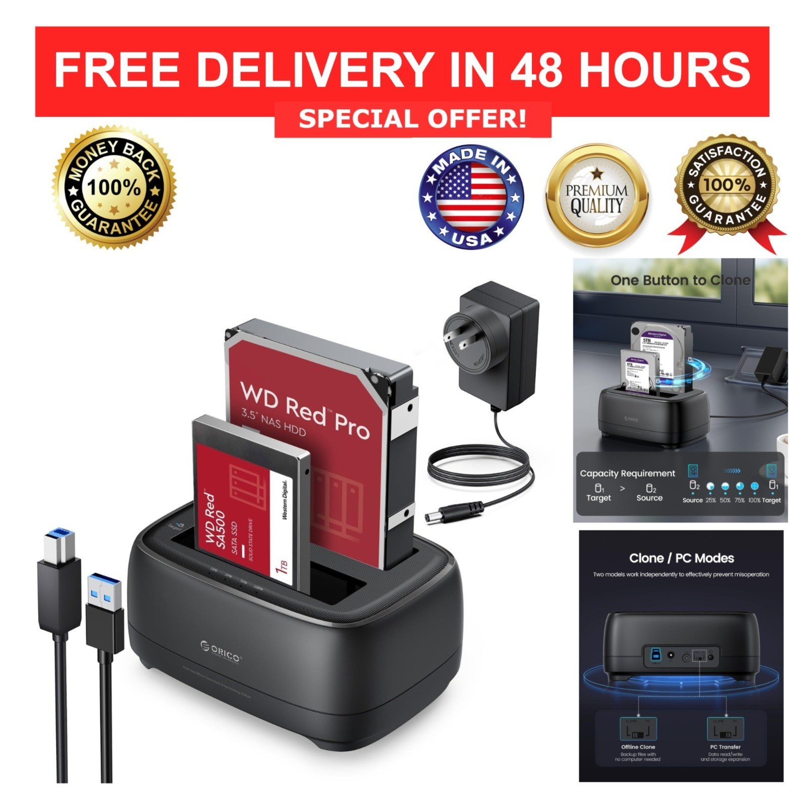 ORICO Dual Bay Hard Drive Docking Station USB 3.0 Offline Clone 2.5/3.5"