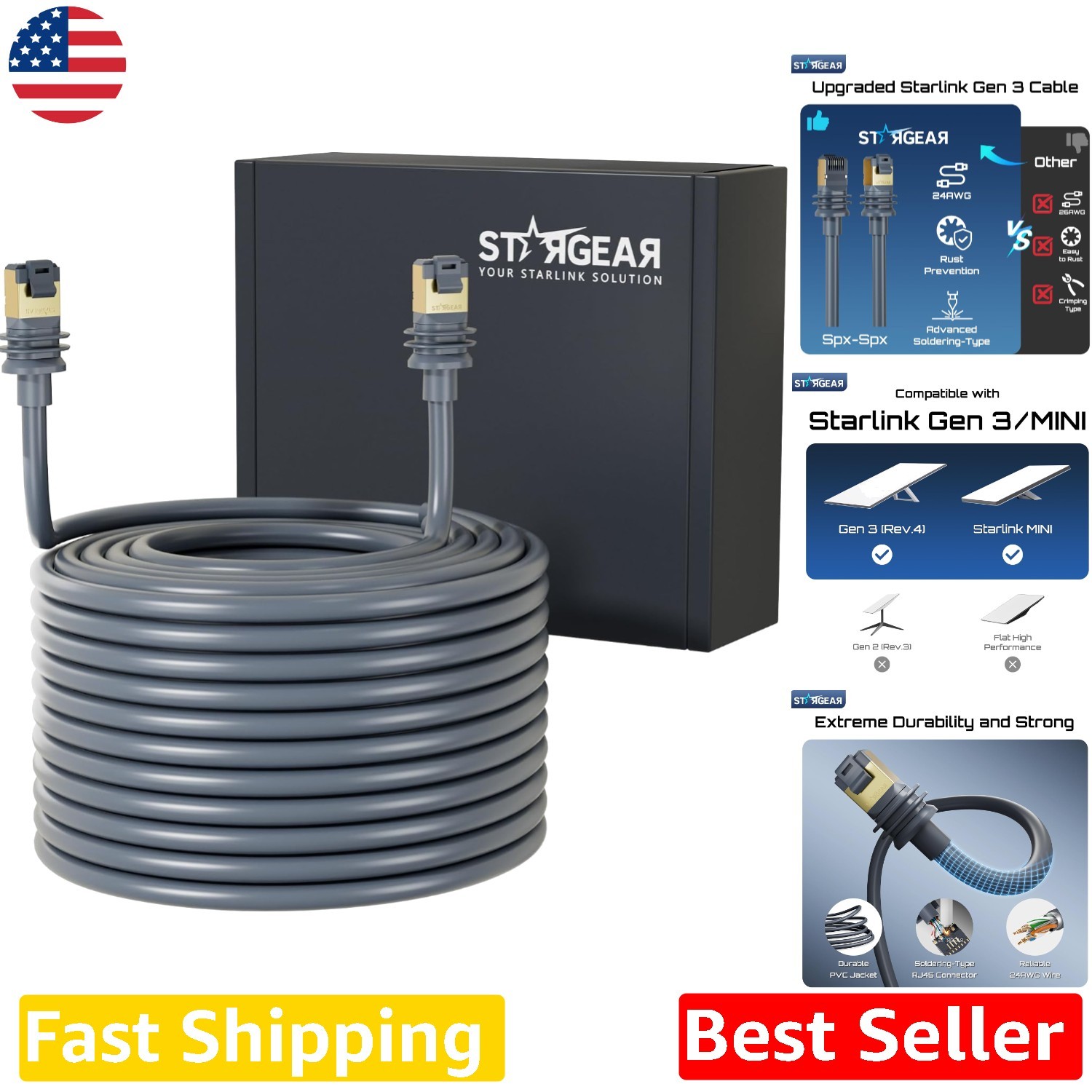 Heavy-Duty Starlink Gen 3 Cable 147ft Cat 6 RJ45 Waterproof Outdoor Internet
