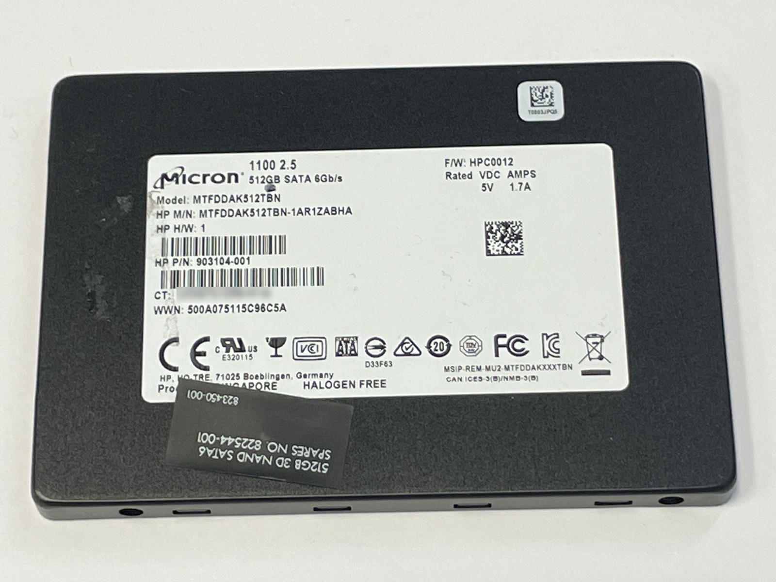 Micron 512GB 1100 2.5" SATA SSD Solid State Drive MTFDDAK512TBN HP 903104-001
