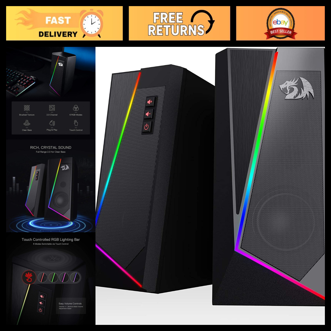 Wired RGB Computer Speakers - 2.0 Channel Stereo Sound for Desktop Gaming & Musi