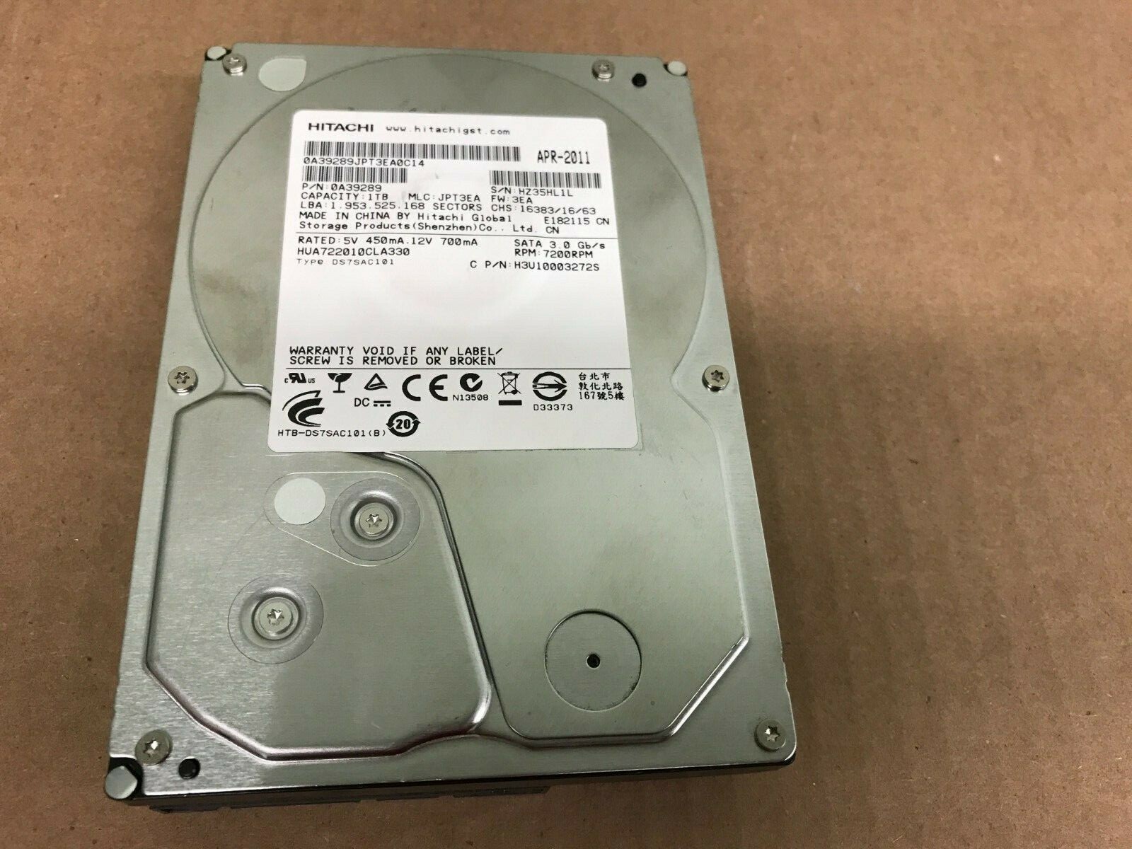 Hitachi Ultrastar 1TB 3.5" Sata Hard Drive HUA722010CLA330 PN:0A39289 MLC:JPT3EA