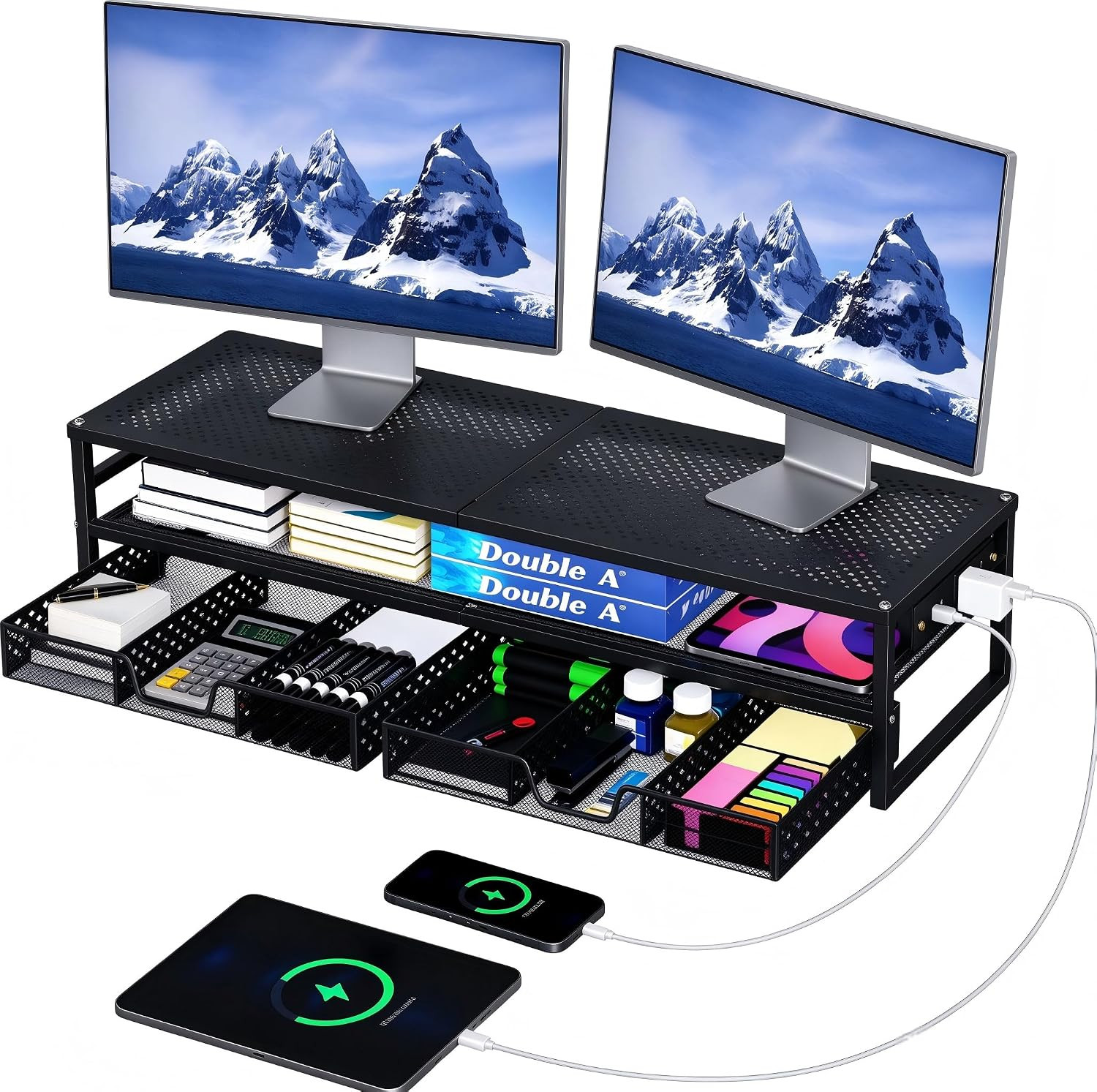 Soporte Doble De Metal Para Monitor Con USB Y 2 Cajones de Escritorio Negro