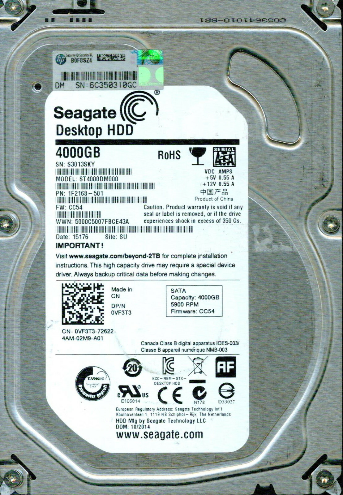 ST4000DM000, 1F2168-501,  CC54,   SU,  S301,  SEAGATE  4TB 