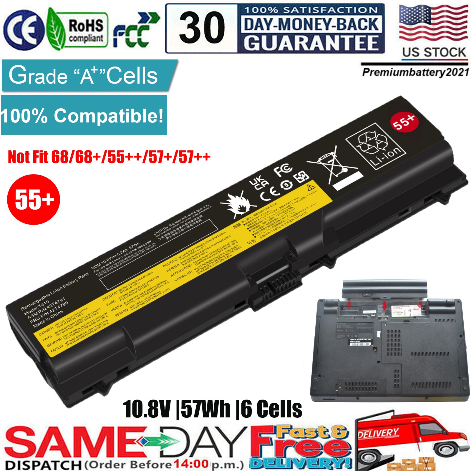 ✅6 Cells Laptop Battery for Lenovo Thinkpad T410 T420 T510 T520 SL410 SL510 W510