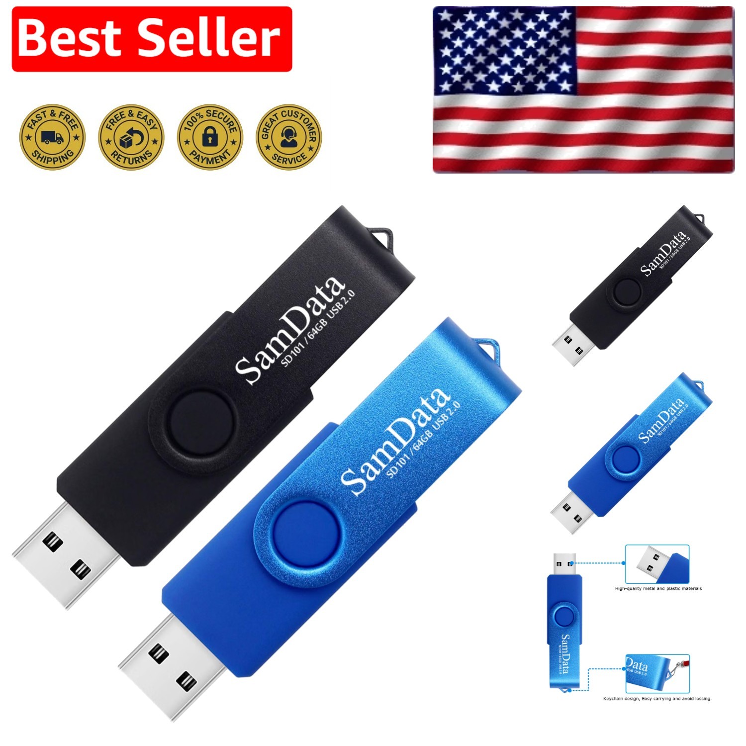 Dual Pack 64GB USB 2.0 Flash Drives in Elegant Black & Blue - Reliable Storage