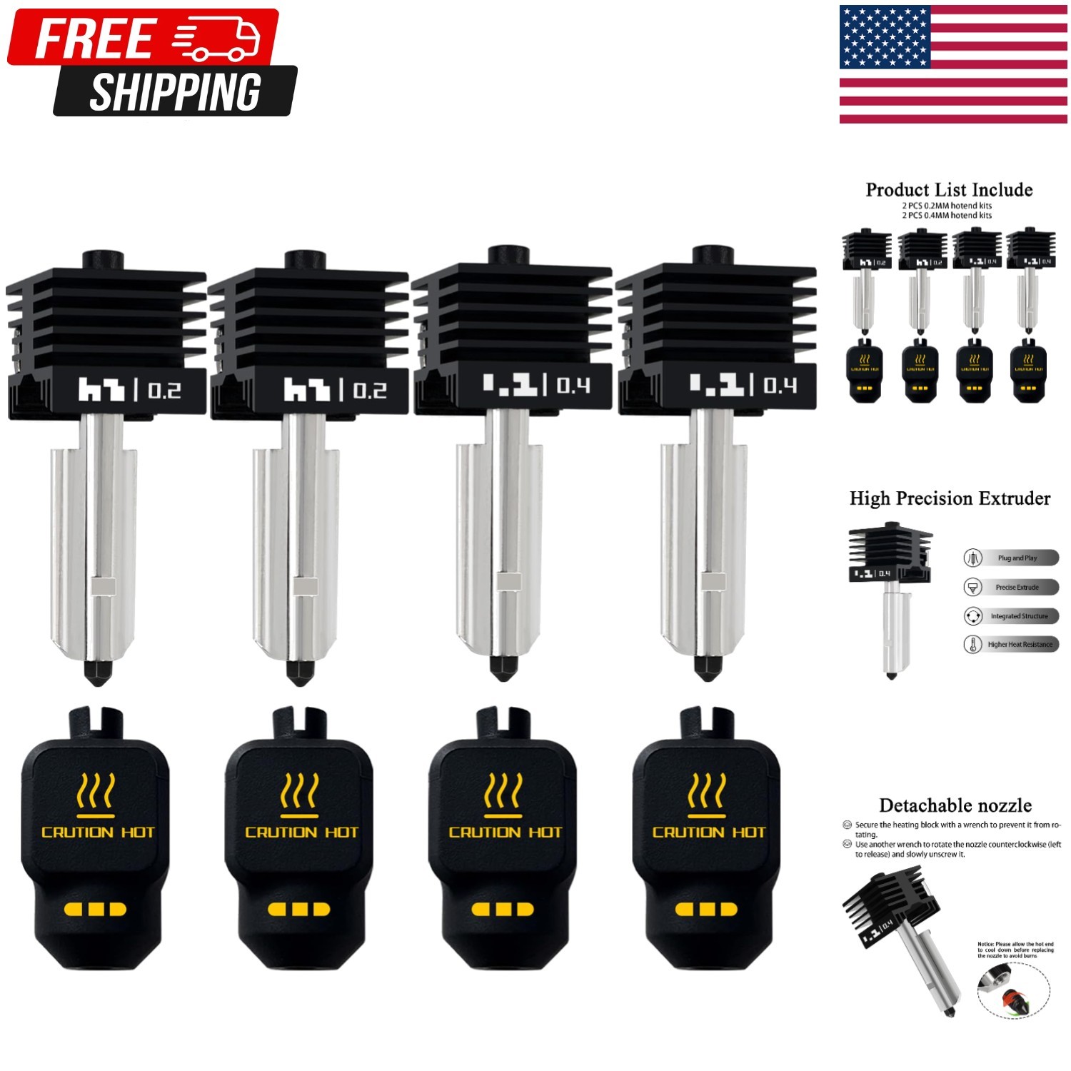 4 Pack P2S Hotend Nozzle Set 0.2MM 0.4MM Hardened for Bambu Lab Accessories