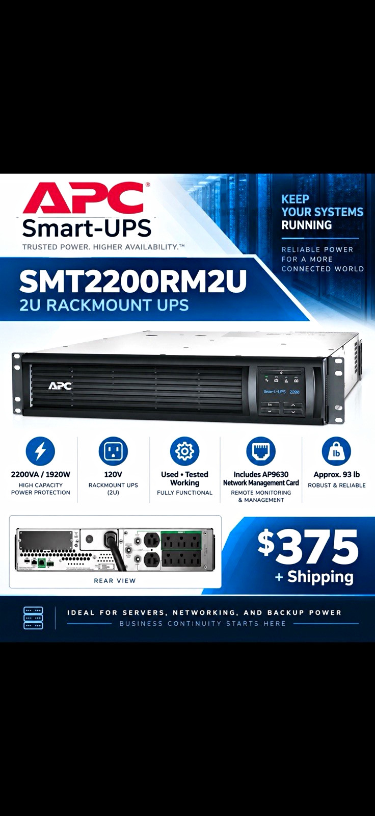 APC Smart-UPS SMT2200RM2U 2U Rackmount UPS 2200VA 1920W 120V 8-Out