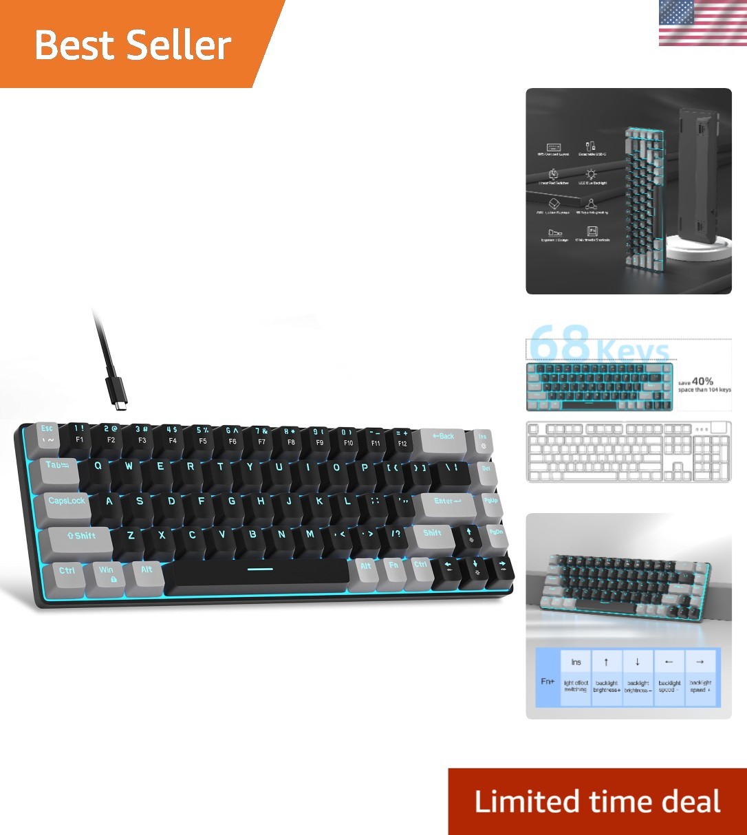 Portable 60% Mechanical Gaming Keyboard, MK-Box LED Backlit Compact 68 Keys M...