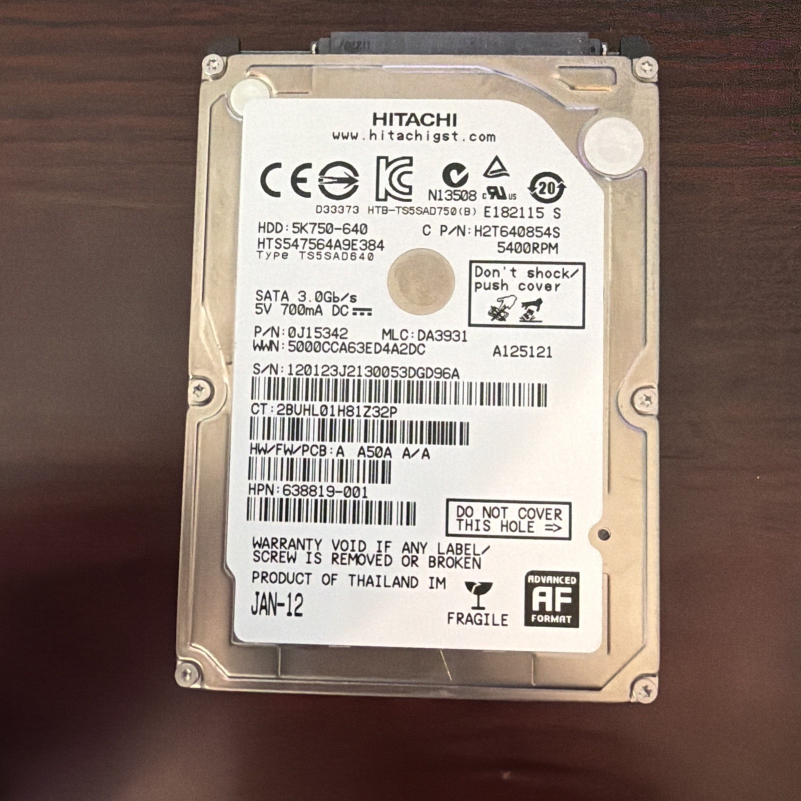 HTS547564A9E384 Hitachi 5K750 640 GB 2.5" SATA II Laptop Hard Drive HP 638819-00