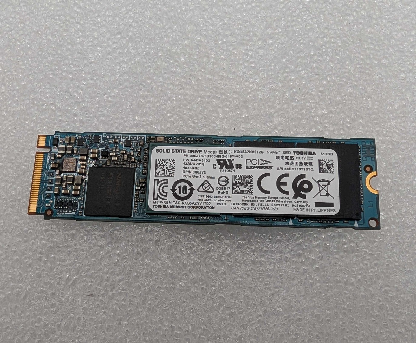 TOSHIBA 512GB PCIe Gen3 x4 NVMe M.2 SSD KXG5AZNV512G Dell 000J73