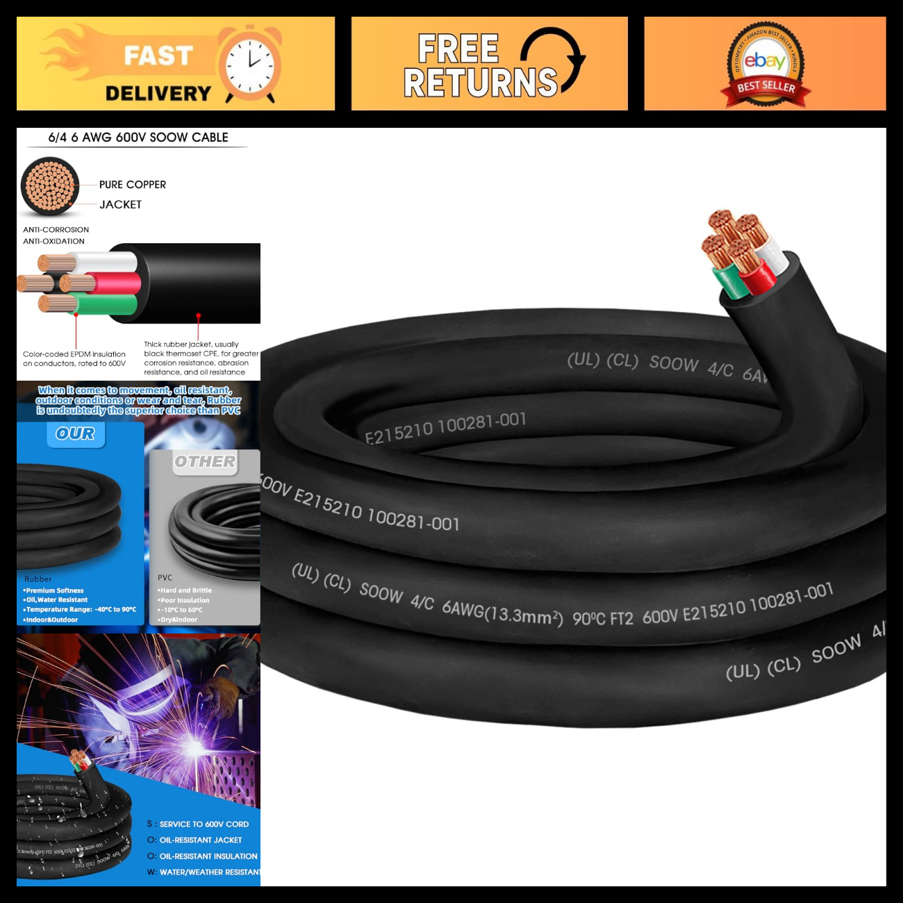6ft 6/4 SOOW Portable Power Cable, 50 Amp Heavy Duty Electrical Wire, SO Cord