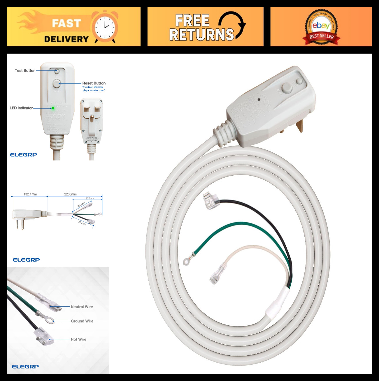 25A 12AWG 240V Power Cord Plug for A/C Air Conditioner, 7.5FT LCDI UL Certified