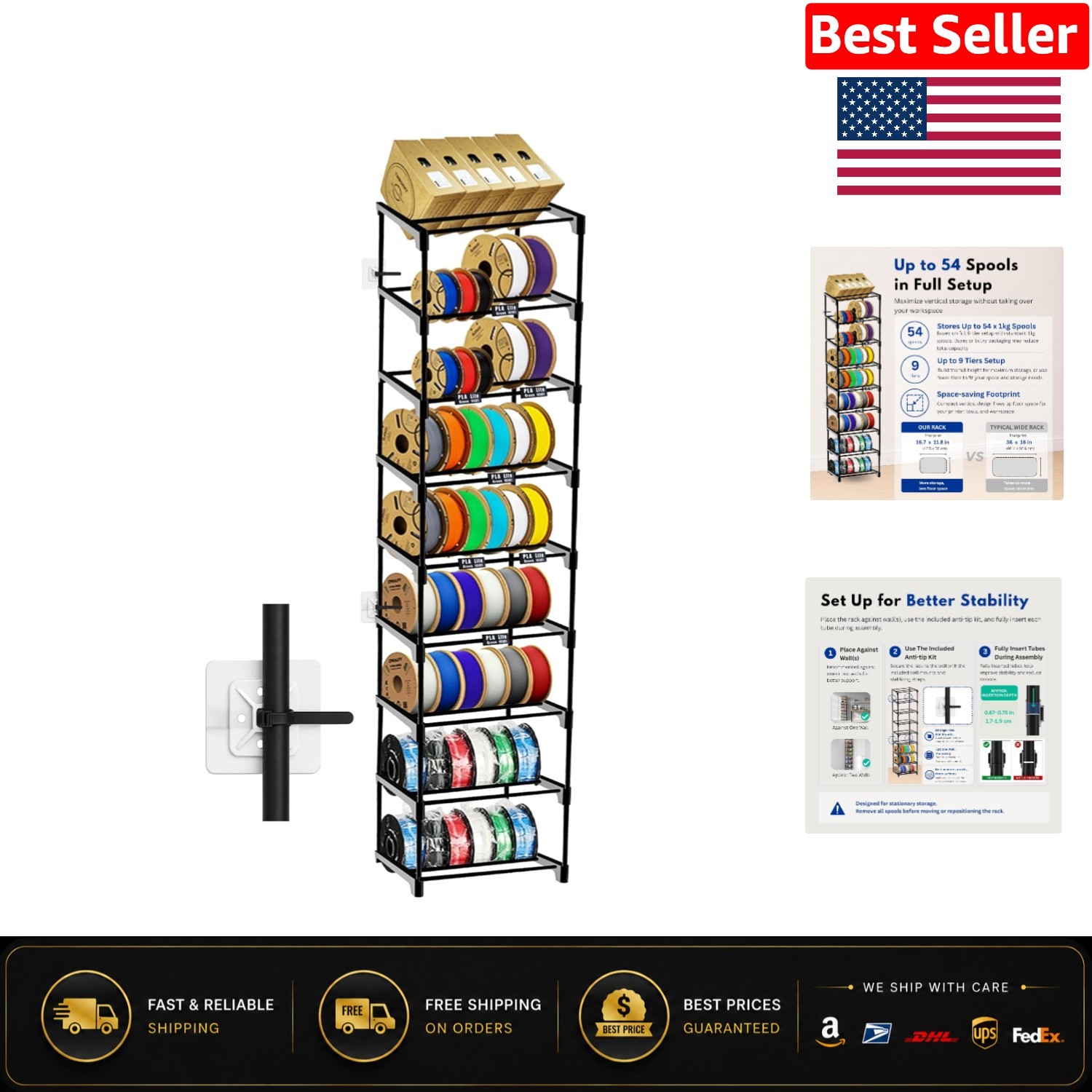 9-Tier 3D Printer Filament Storage Rack - Holds 54 Spools, Space-Saving Design