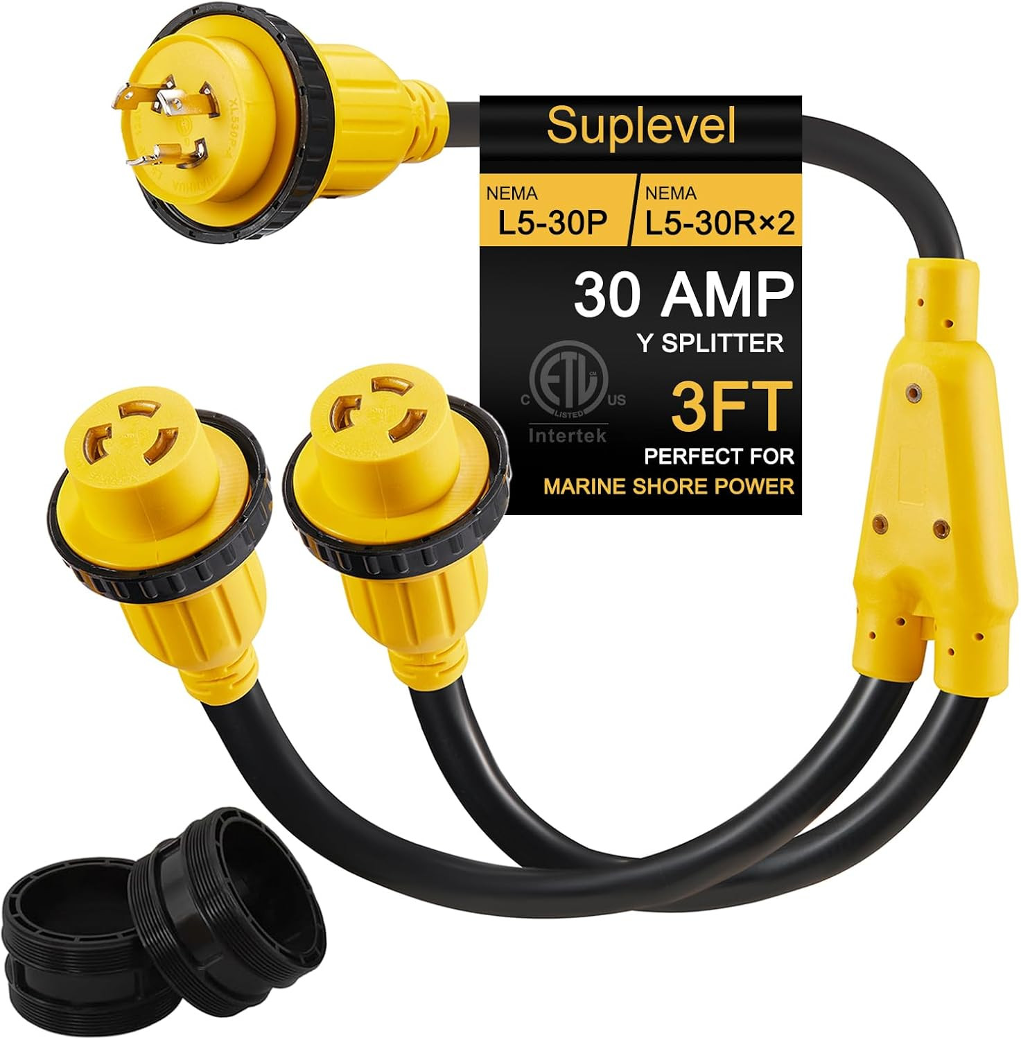 30 Amp Marine Shore Power Adapter, L5-30P Y Splitter to (2) L5-30R, L5-30P Male