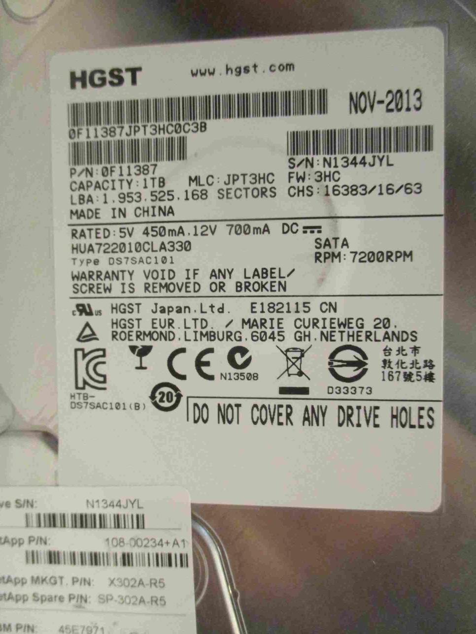 HGST 1TB HUA722010CLA330 NOV2013 PN:0F11387 MLC:JPT3HC FW:3HC #031 