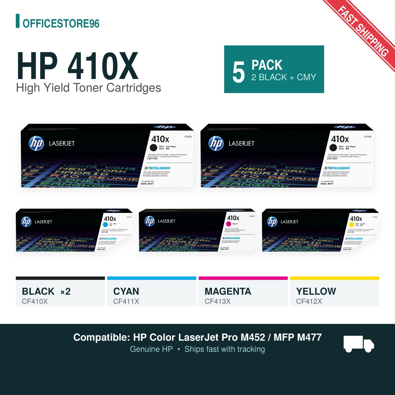 HP 410X High Yield Toner Set - 5PK ( 2 Black , 1 Cyan, 1 Magenta, 1 Yellow )