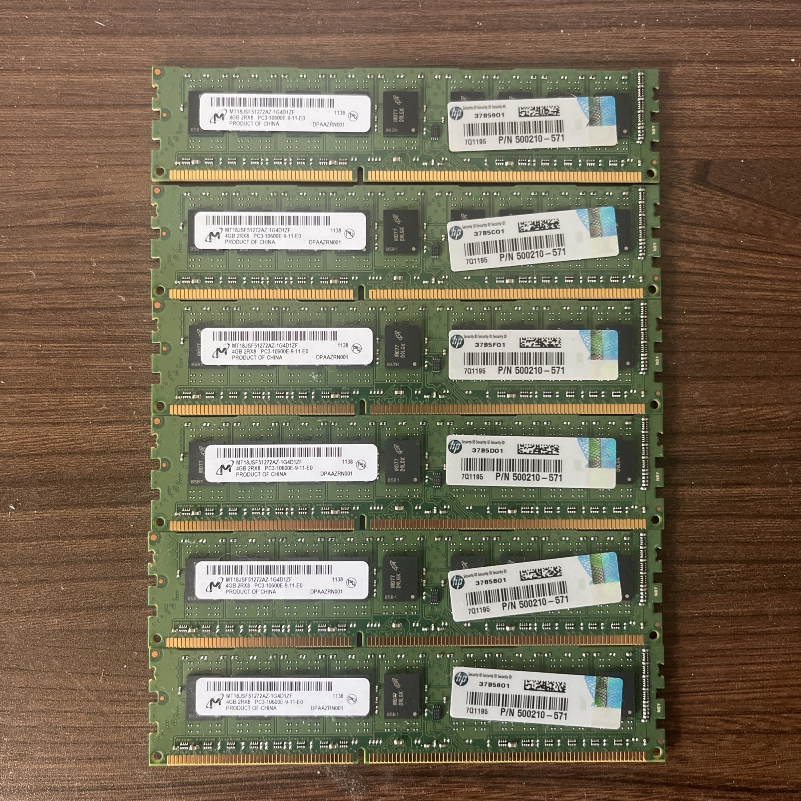 LOT OF 6 MICRON 4GB 2RX8 RAM PC3-10600E-9-11-E0 MT18JSF51272AZ-1G4D1ZF TESTED
