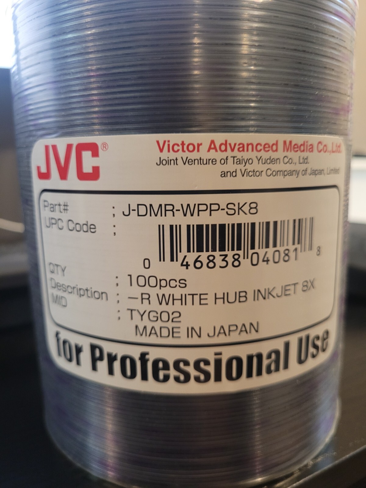 100 Pcs JVC R White Hub Inkjet DVD-R 8X J-DMR-WPP-SK8