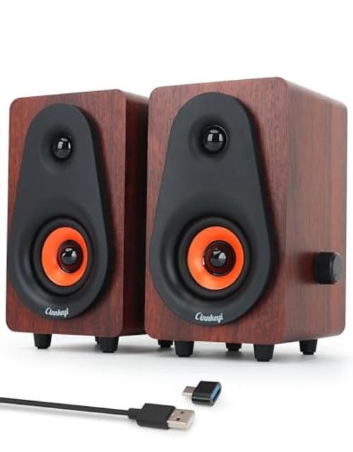 PC Speakers 12W, Wooden Computer Speakers USB Powered with Dual Brown