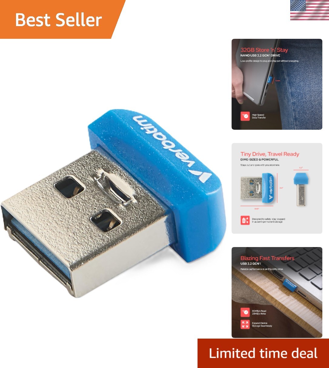 Compact 32GB USB 3.2 Flash Drive - Low-Profile Design for Seamless Storage