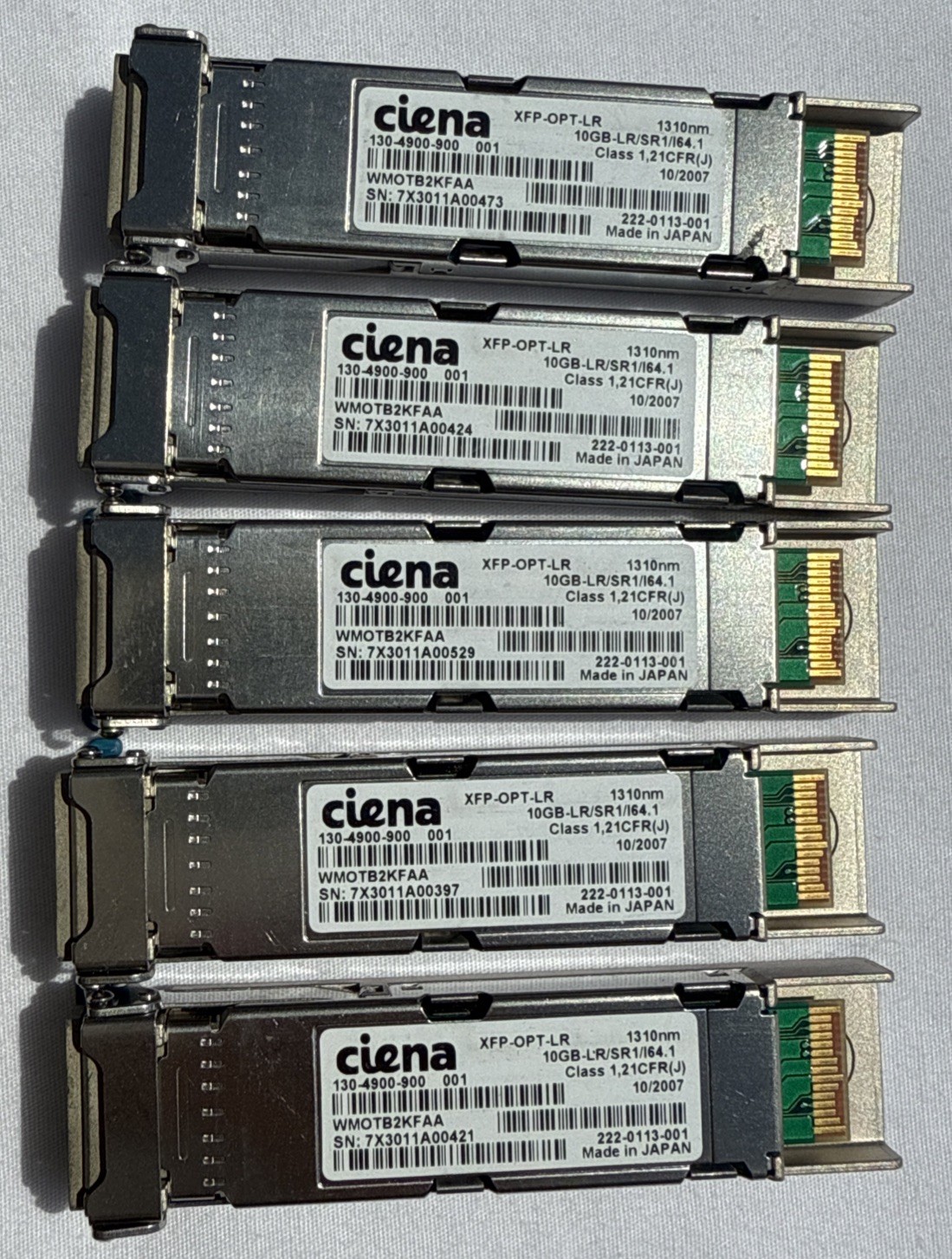 Lot of (5) CIENA 130-4900-900 XFP-OPT-LR 10GB 10Km Transceiver WMOTB2KFAA