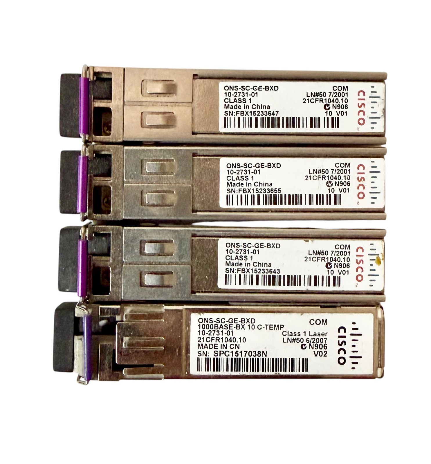 (Lot of 4) Cisco ONS-SE-GE-BXD 1000BASE-BX10-D SFP BiDi 10km SMF Simplex SFP