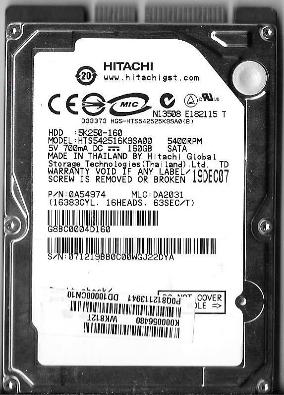 Hitachi HTS542516K9SA00 160GB Sata Hard Drive P/N: 0A54974  MLC: DA2031