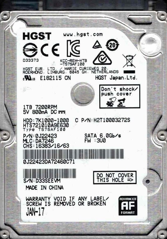 HGST HTS721010A9E630 P/N: 0J22423 MLC: DA7246 JAN 2017 China 1TB