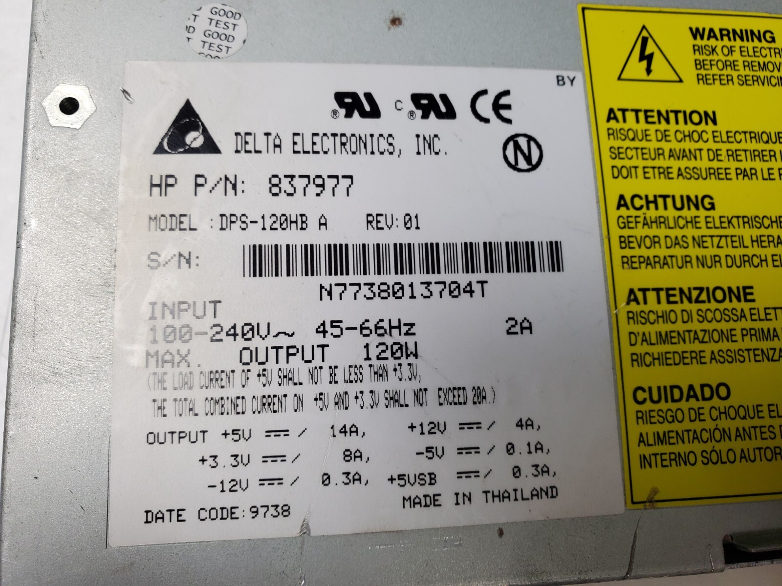 837977 DPS-120HB A  HEWLETT PACKARD DELTA ELECTRONICS HP POWER SUPPLY