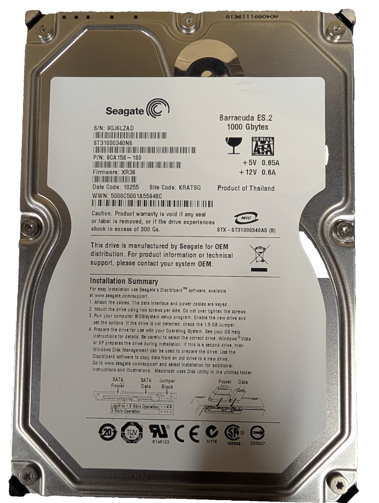 Seagate Barracuda ES.2 ST3100340NS 1TB 3.5" 32MB 7200rpm SATAII HDD