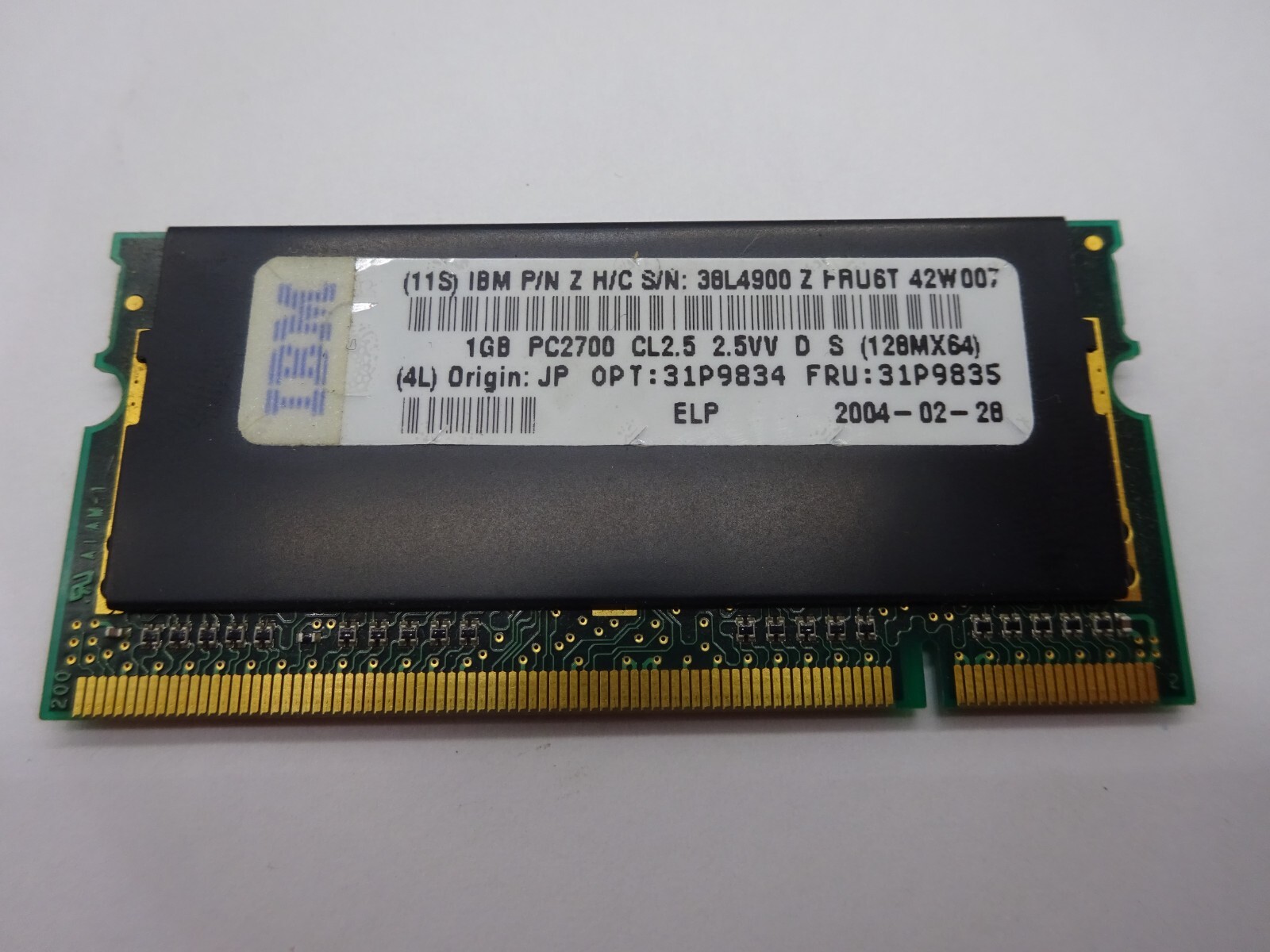 IBM Elpida 1GB (1x1GB) DDR1 SODIMM EBD11UD8ADDA-6B PC2700 S/N: 38L4900 #R1328