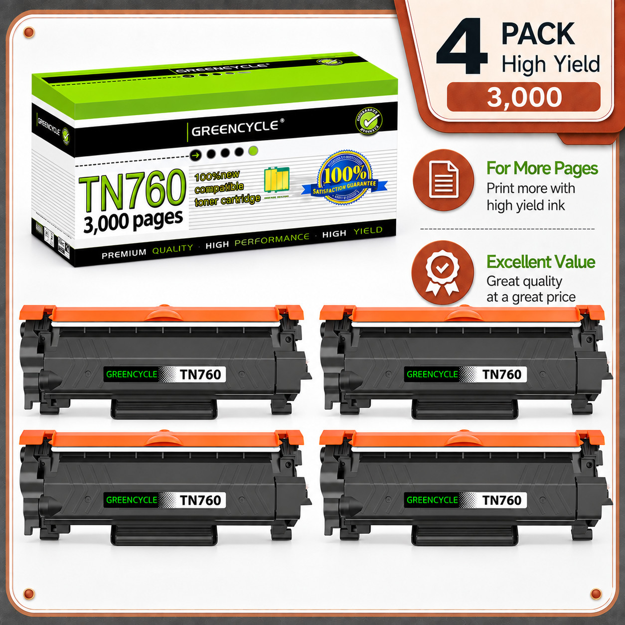 GREENCYCLE 4 Pack TN760 Toner Cartridge for Brother MFC-L2710DW DCP-L2550DW