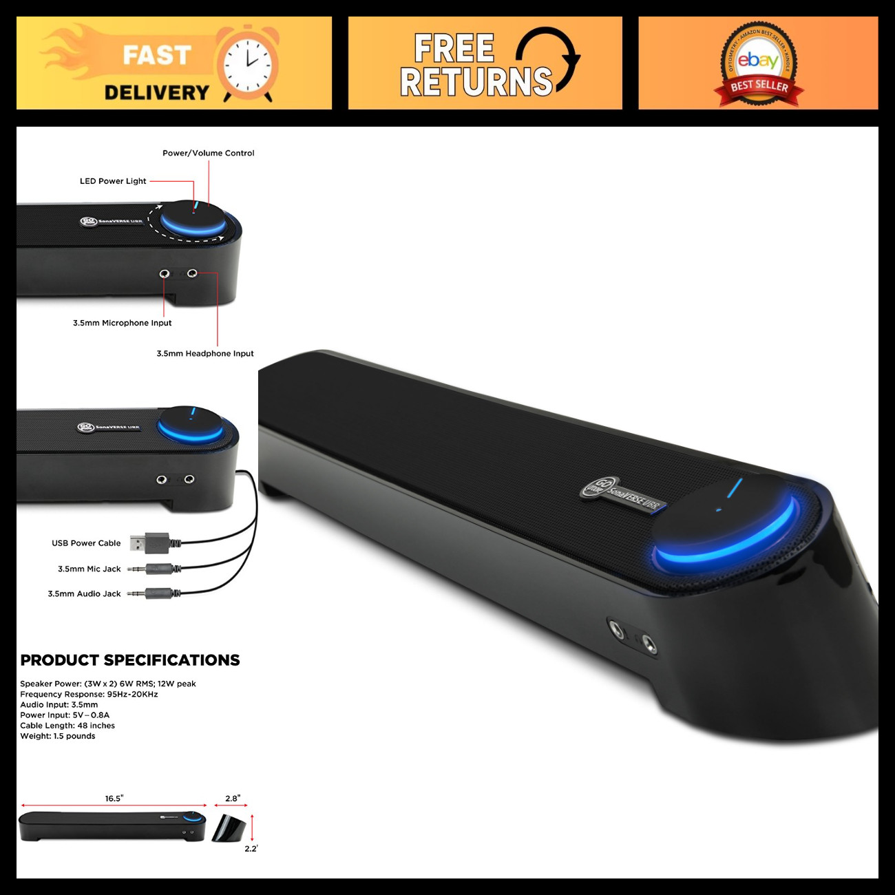 USB Powered Mini Soundbar for PC - Wired AUX, Stereo Audio, Volume Control, Unde