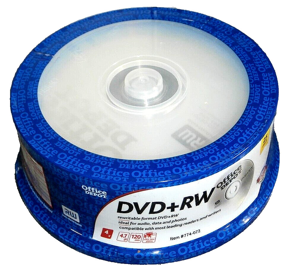 25 PACK OFFICE DEPOT DVD+RW 4X   4.7GB 120 MIN. BLANK MEDIA ORIGINAL CASE SEALED