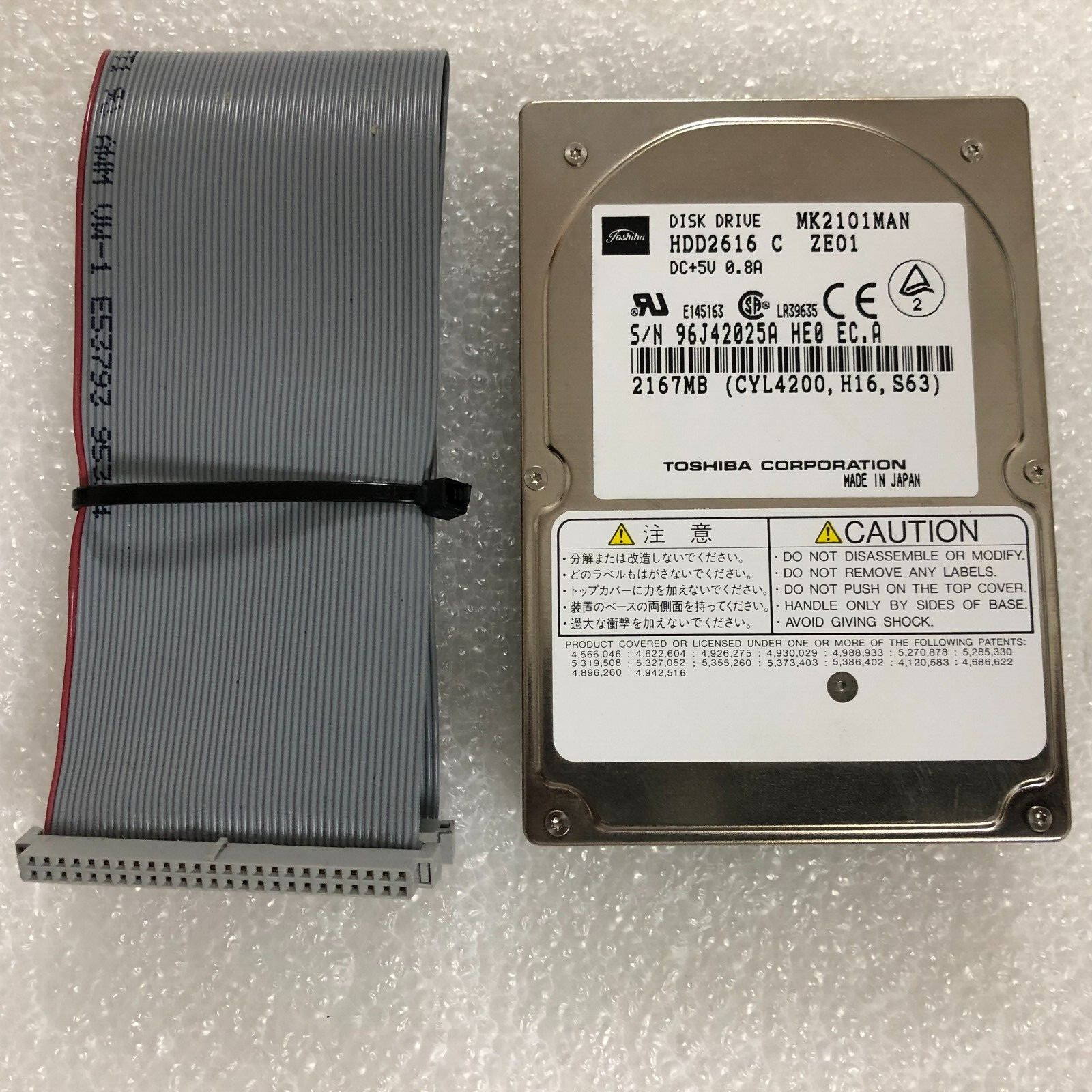 Vintage Toshiba MK2101MAN HDD2616 G ZE01 2.1GB IDE Hard Drive 2.5" W/ Ide Cable