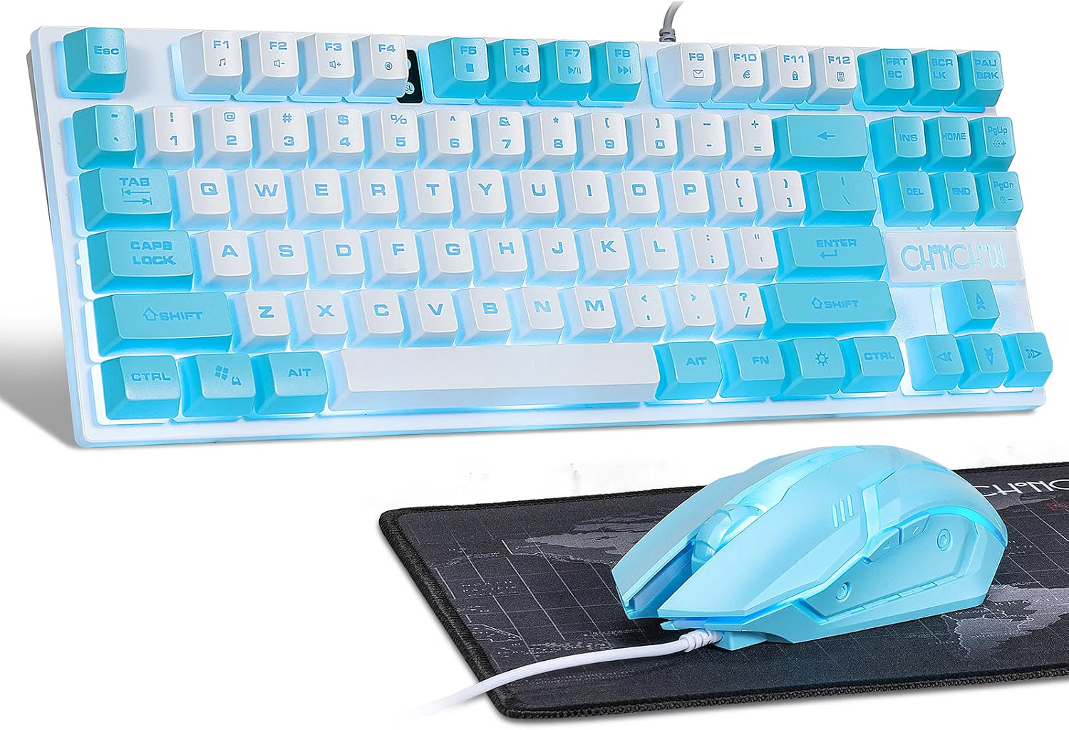 NEW Blue Keyboard and Mouse Combo, 87 Keys TKL USB Wired LED Light Up Ba...