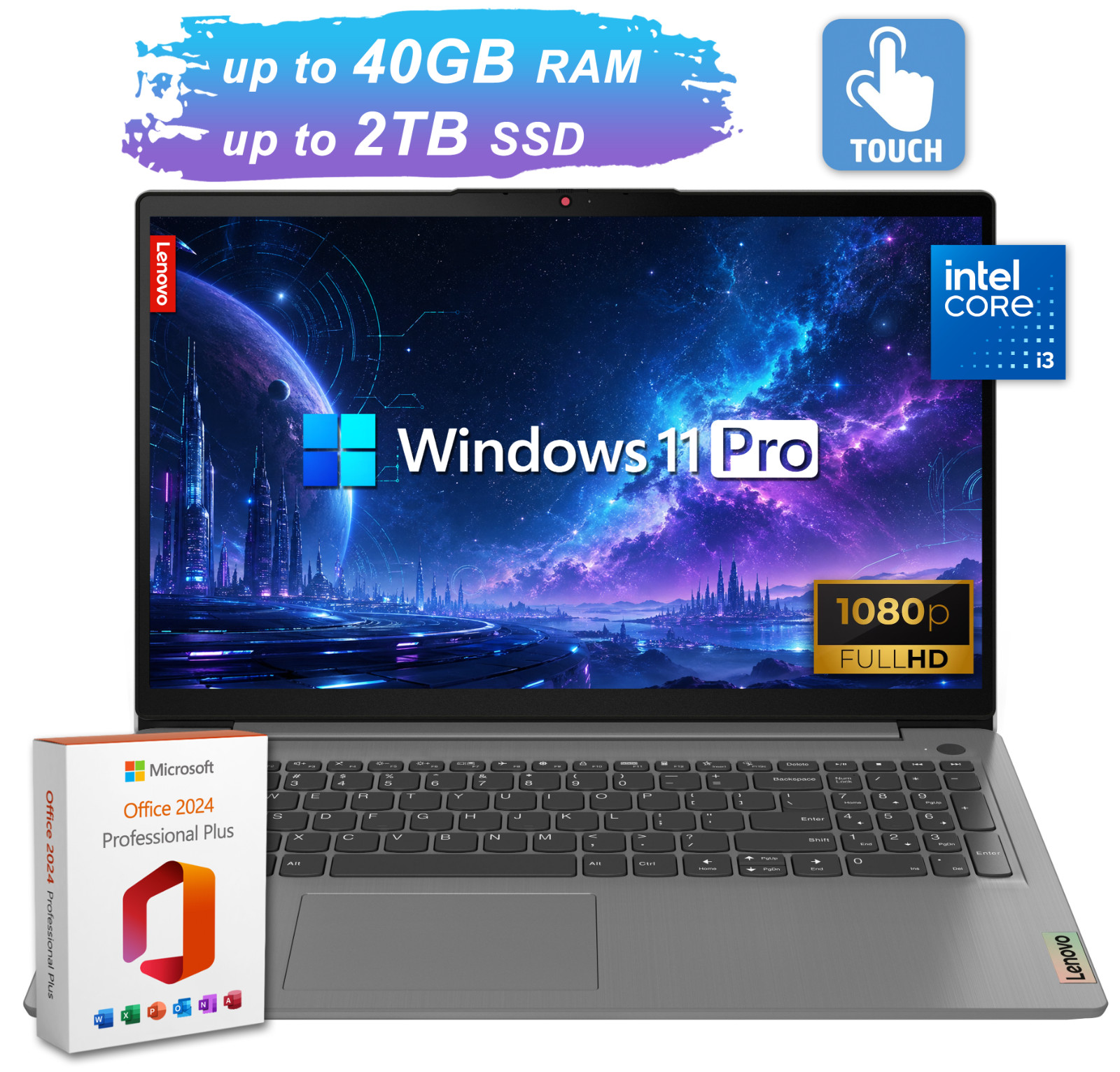 Lenovo IdeaPad 15.6" Touch Laptop Intel Core i3 Upto 40GB RAM 2TB SSD Office Pro