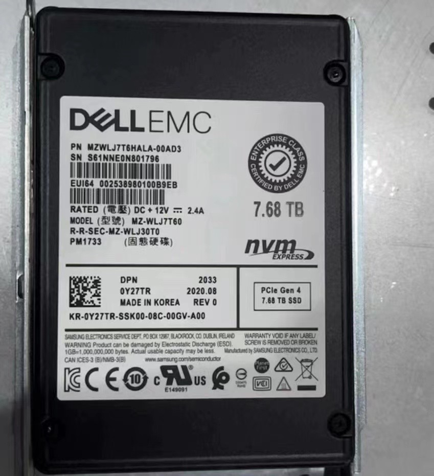 Samsung 7.68T SSD DELL PM1733 0Y27TR NVME 2.5" MZ-WLJ7T60 U.2 MZWLJ7T6HALA-00AD3