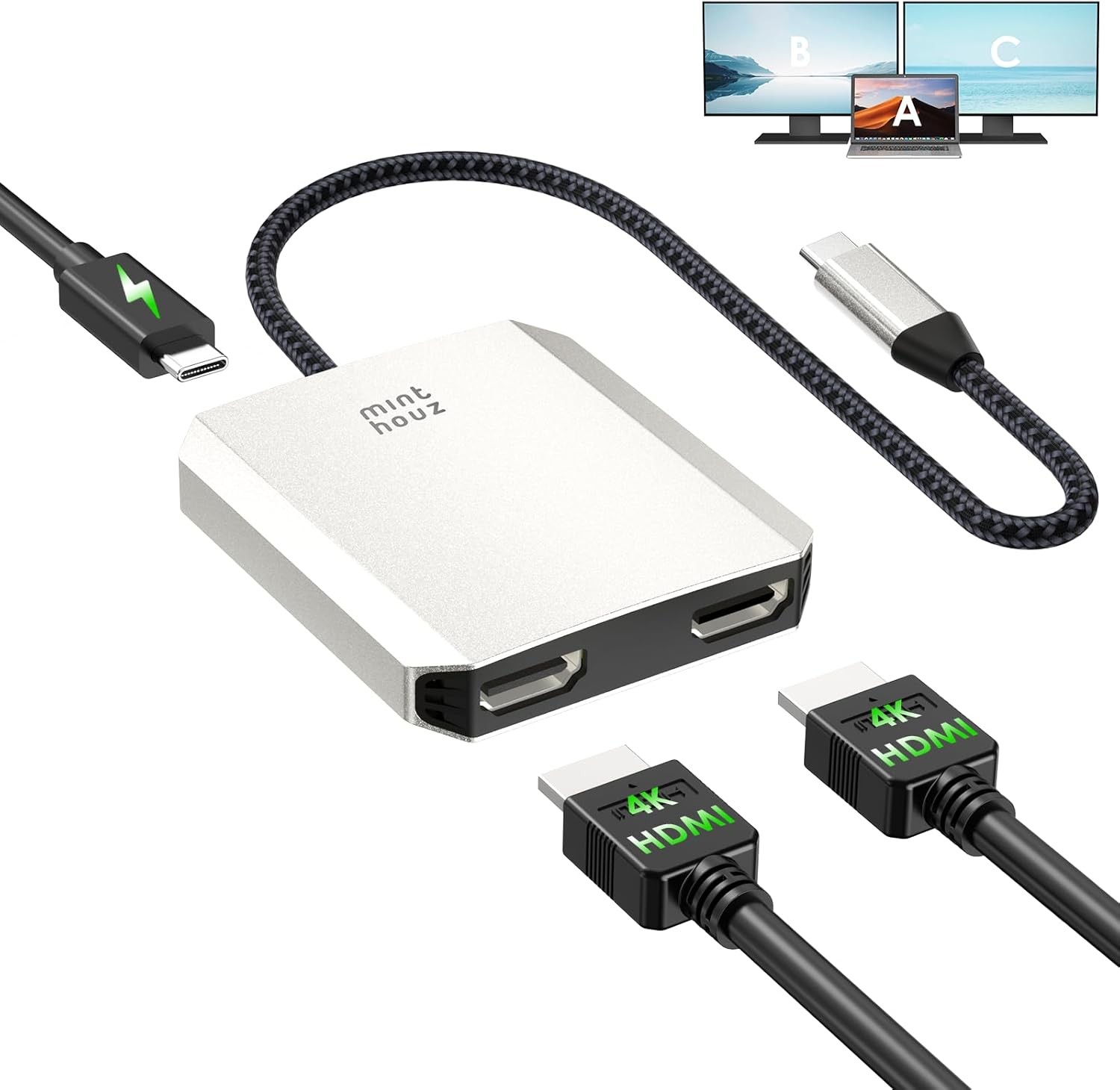 Minthouz USB C to Dual HDMI Adapter, USB c hub Dual 4K@60Hz Dual HDMI Output + 1