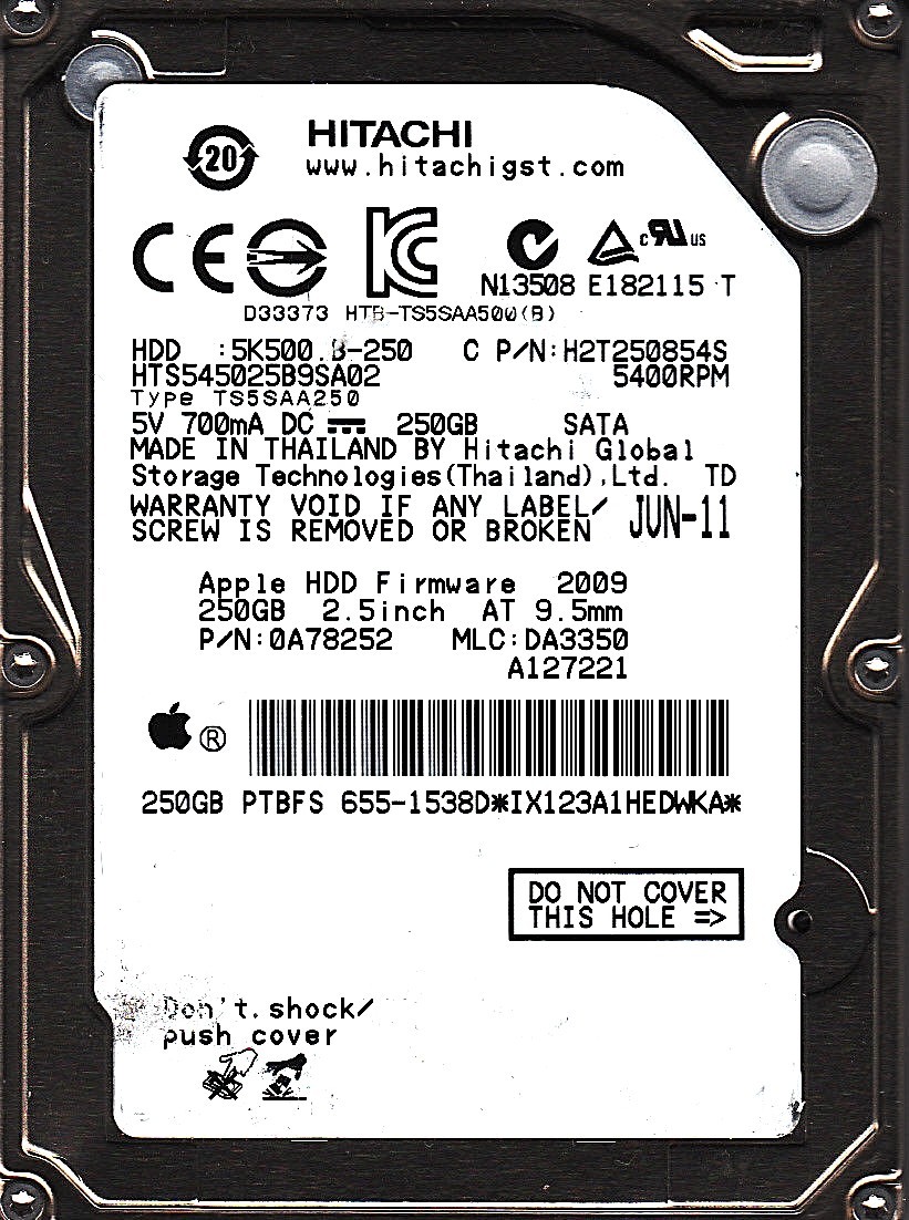 HTS545025B9SA02 pn: 0A78252 mlc: DA3350 apple: 655-1538D 250GB 2.5 SATA 7406