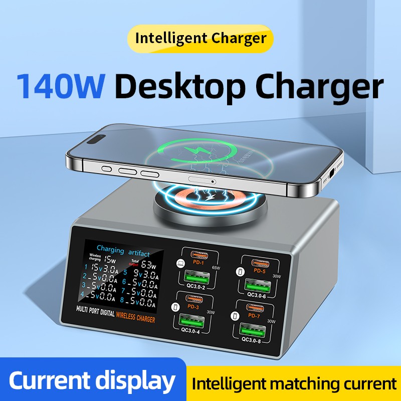 140W 9-in-1 Desktop Charging Station 4 USB-C 4 USB-A Ports LCD Display Office