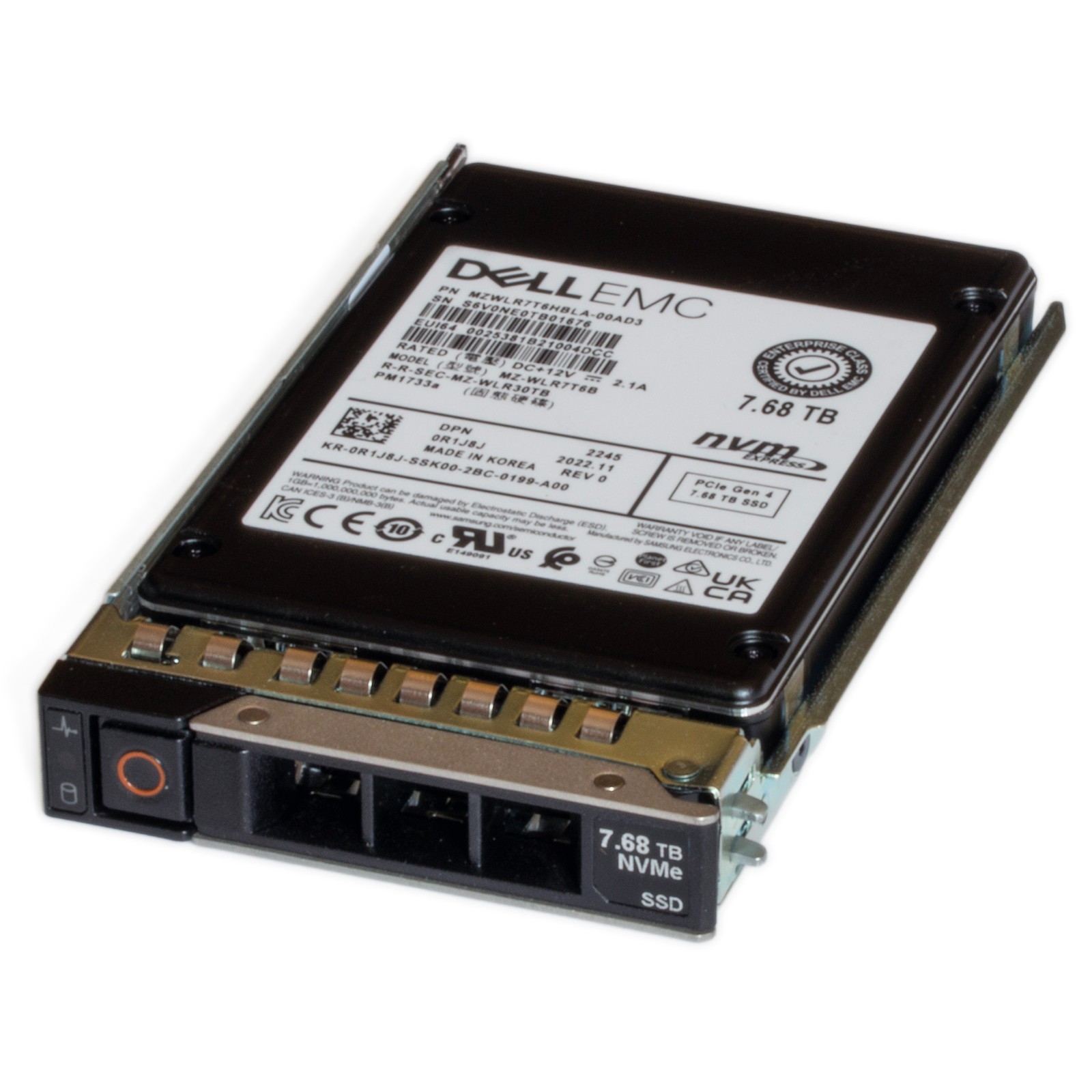 Dell 14/15/16G PM1733a 7.68TB 2.5" Enterprise PCIe 4.0 Gen4 U.2 SSD R1J8J H=100%