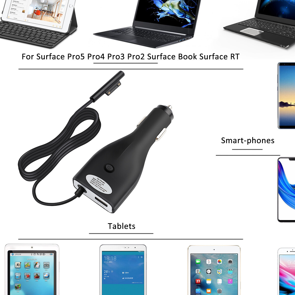 42W Car Charger for Surface Pro 3/4/5/6 with 5V 2.1A USB Charging for Cell Phone