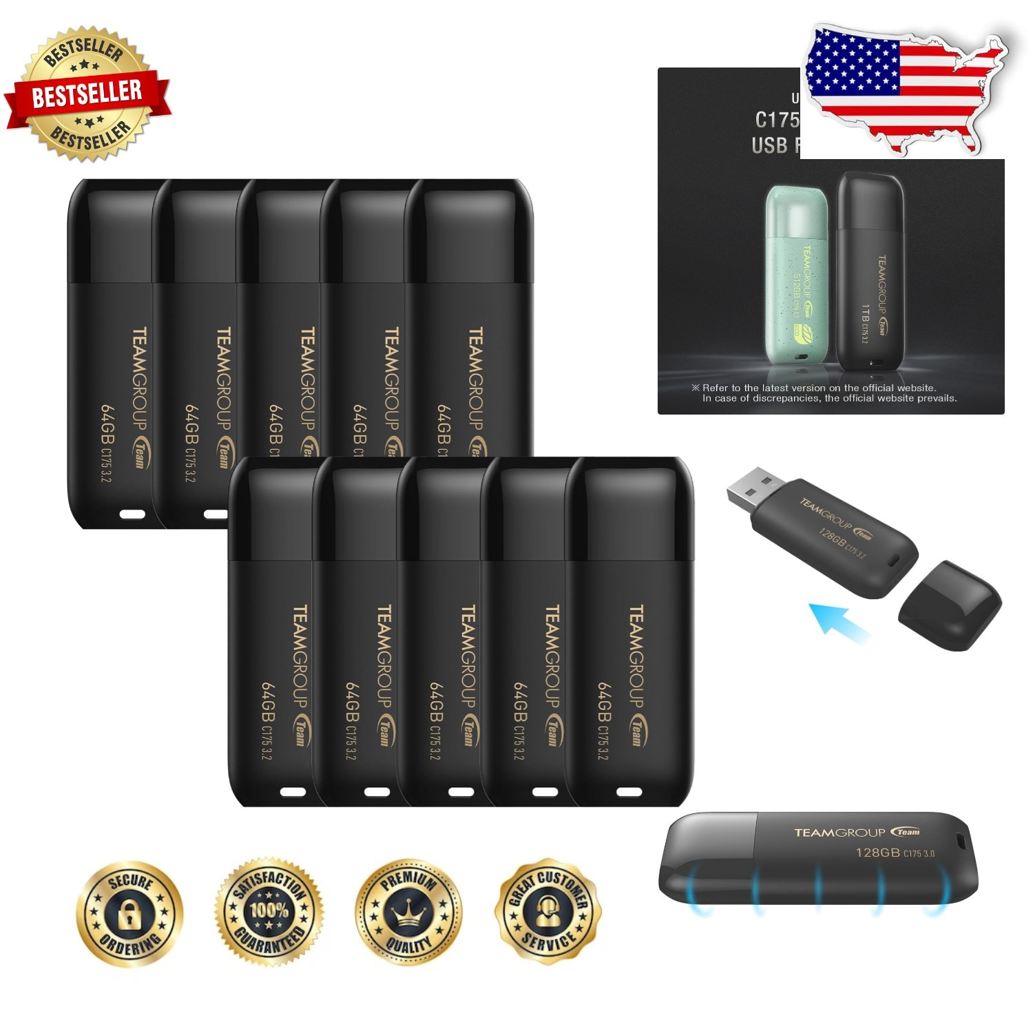 Bulk 10x 64GB USB 3.0 Memory Sticks - Fast 100MB/s Read, Matte Black